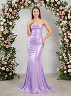 Lavender Satin Mermaid Cowl Neck Back Zip Floor-Length Dress with Draped Neckline - Curvevia