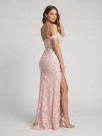 Blushing Pink Tulle Mermaid Off-the-Shoulder Back Zip Floor-Length Dress with Appliques - Curvevia