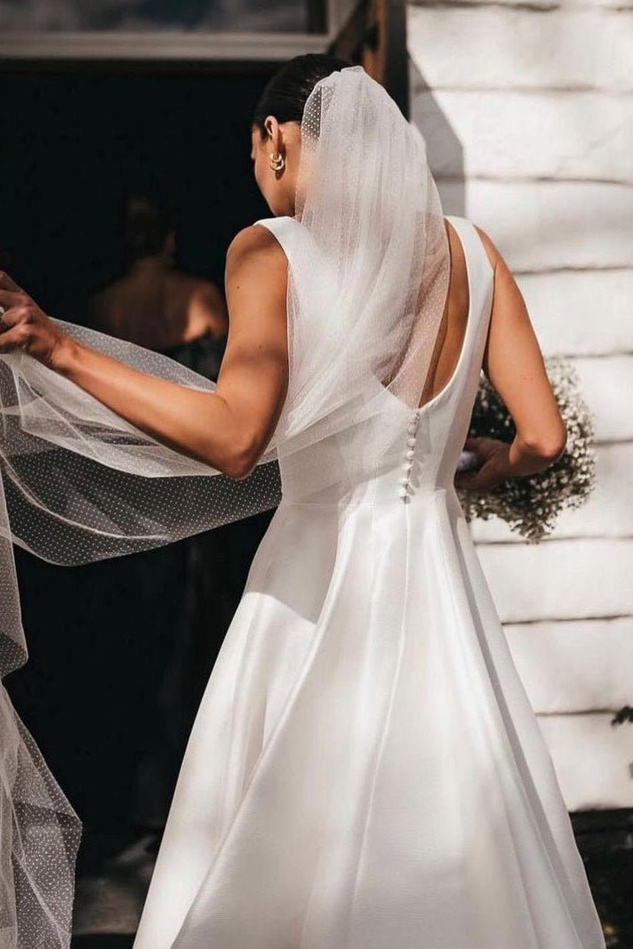 Simple A-Line Square Neck White Satin Wedding Dresses - Curvevia