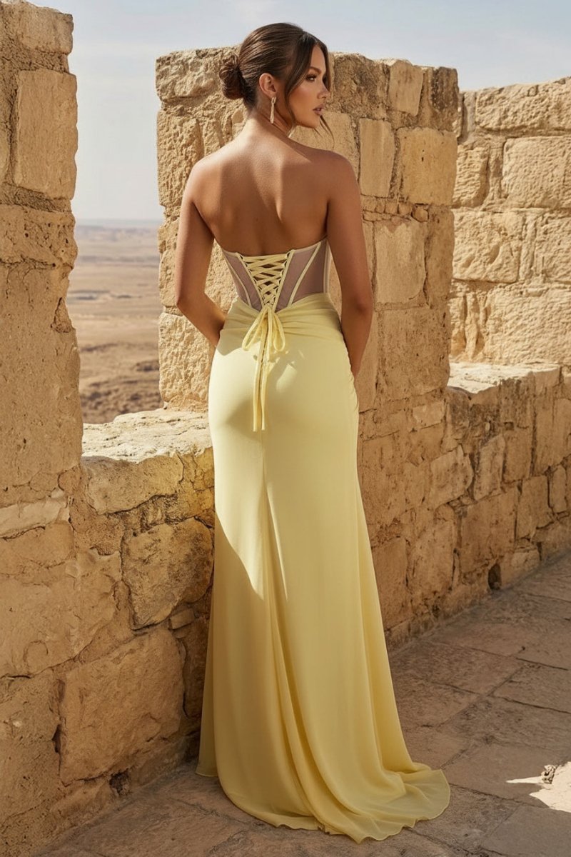 Yellow Sweetheart Sheath Pleated Long Prom Dresses With Slit - Curvevia