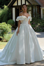 White Puff Off-the-Shoulder Sweeping Long Wedding Dress - Curvevia
