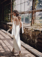 Simple Sheath Off-The-Shoulder Ankle-Length Satin Wedding Dresses - Curvevia