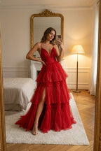 A-Line Spaghetti Straps Long Tiered Tulle Prom Dress With Split - Curvevia