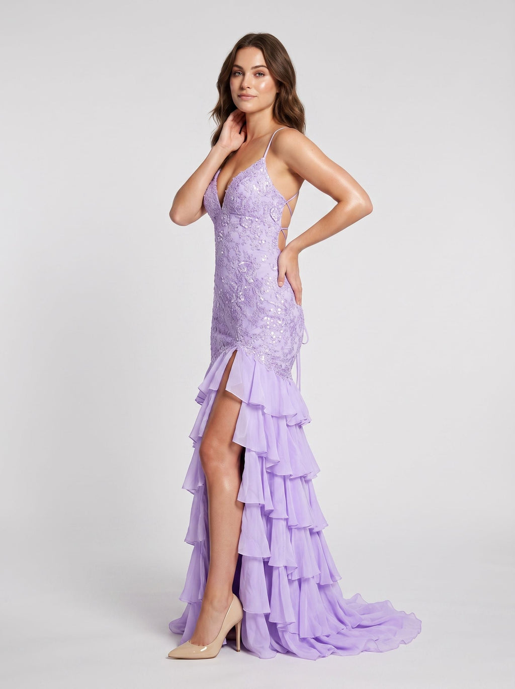 Lilac Chiffon Mermaid V-Neck Lace-up Floor-Length Dress with Cascading Ruffles - Curvevia