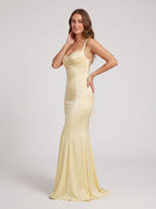 Daffodil Satin Mermaid Sweetheart Criss-Cross Straps Floor-Length Dress with Pleats - Curvevia