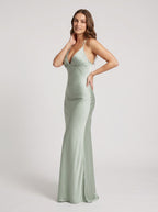 Mint Green Satin Mermaid V-Neck Backless Floor-Length Dress with Ruched Bodice - Curvevia