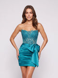 Peacock Blue Satin Sheath Scoop Neck Back Zip Short Dress with Beaded Bow - Curvevia