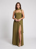 Olive Green Chiffon A-Line Square Neck Lace-up Floor-Length Dress - Curvevia
