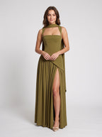 Olive Green Chiffon A-Line Square Neck Lace-up Floor-Length Dress - Curvevia