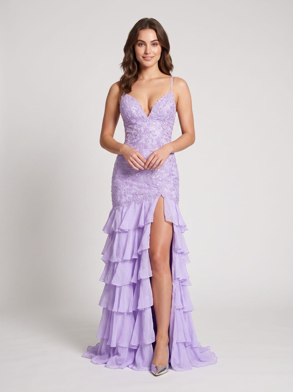 Lilac Chiffon Mermaid V-Neck Lace-up Floor-Length Dress with Cascading Ruffles - Curvevia