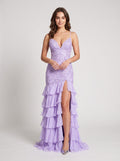 Lilac Chiffon Mermaid V-Neck Lace-up Floor-Length Dress with Cascading Ruffles - Curvevia