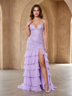 Lilac Chiffon Mermaid V-Neck Lace-up Floor-Length Dress with Cascading Ruffles - Curvevia