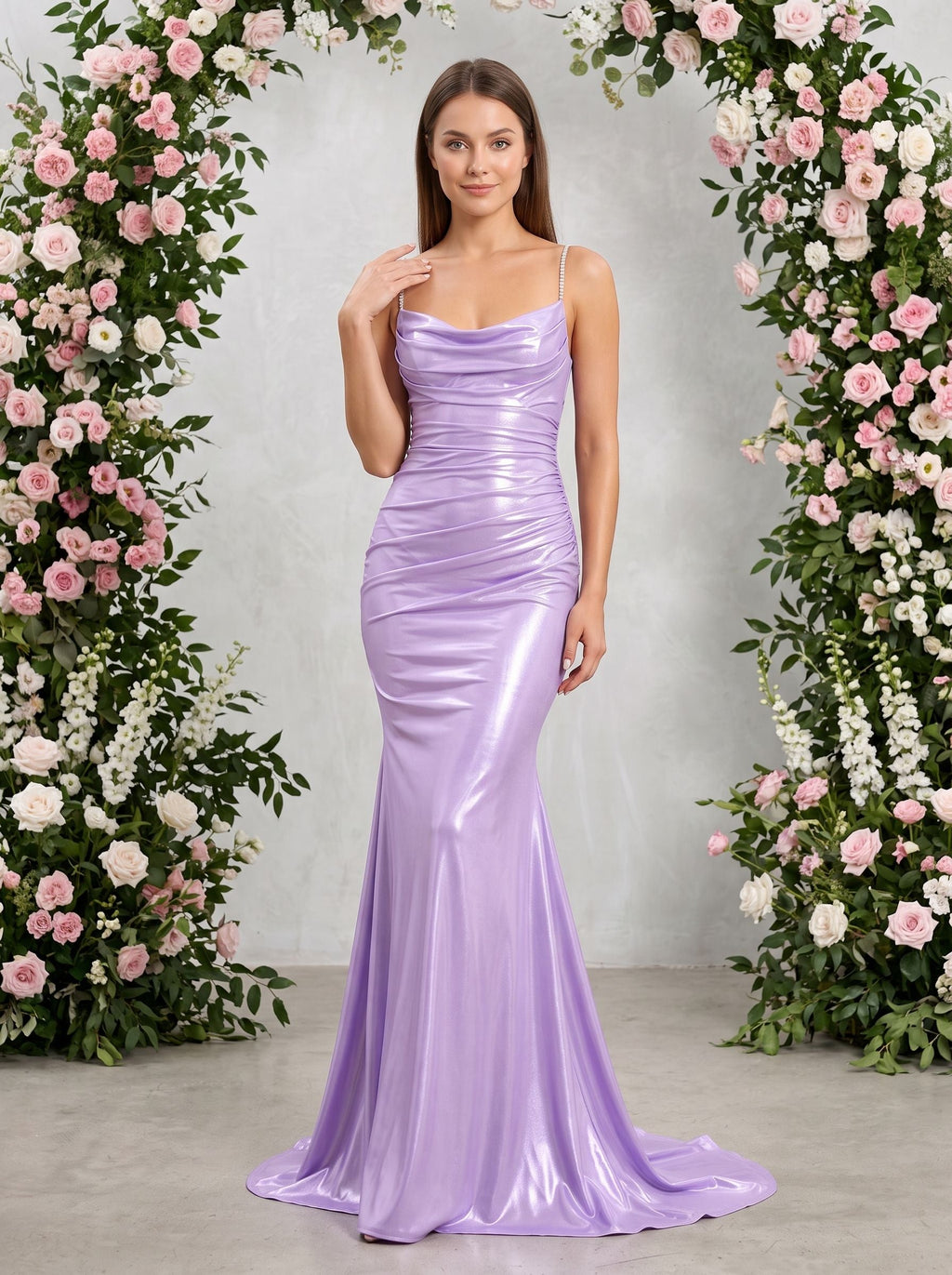 Lavender Satin Mermaid Cowl Neck Back Zip Floor-Length Dress with Draped Neckline - Curvevia