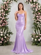 Lavender Satin Mermaid Cowl Neck Back Zip Floor-Length Dress with Draped Neckline - Curvevia