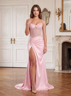 Petal Satin Mermaid Straight Neck Back Zip Floor-Length Dress with Beaded Slit - Curvevia