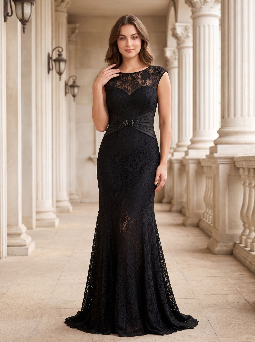 Black Lace Mermaid Scoop Neck V-Back Floor-Length Dress with Beaded bodice & Cap sleeves - Curvevia