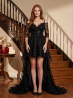 Black Lace A-Line Off-the-Shoulder V-Back Floor-Length Dress with 3/4 sleeves and scalloped trim - Curvevia