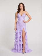 Lilac Chiffon Mermaid V-Neck Lace-up Floor-Length Dress with Cascading Ruffles - Curvevia
