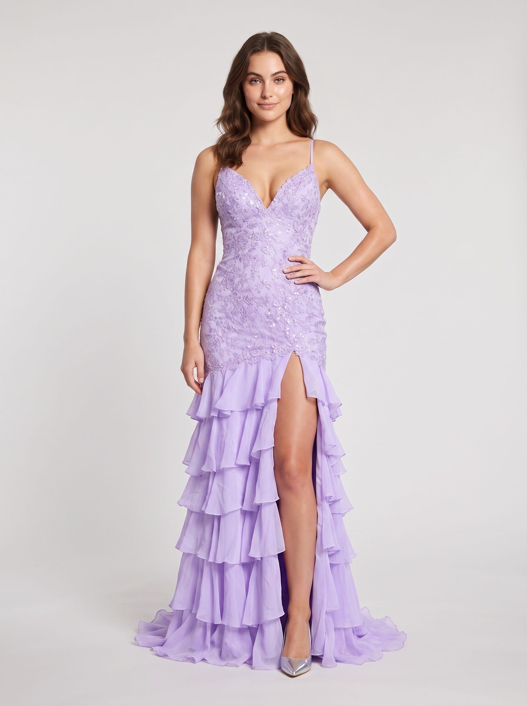 Lilac Chiffon Mermaid V-Neck Lace-up Floor-Length Dress with Cascading Ruffles - Curvevia