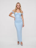 Sky Blue Satin Sheath Off-the-Shoulder Back Zip Ankle-Length Dress with Ruching - Curvevia