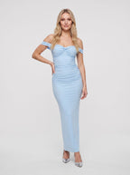 Sky Blue Satin Sheath Off-the-Shoulder Back Zip Ankle-Length Dress with Ruching - Curvevia
