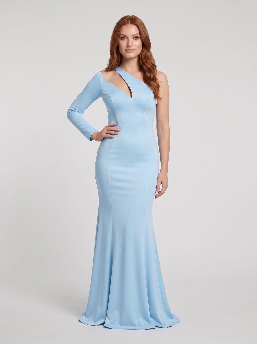 Sky Blue Matte Satin Trumpet One Shoulder Back Zip Floor-Length Dress with Single Sleeve - Curvevia