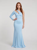Sky Blue Matte Satin Trumpet One Shoulder Back Zip Floor-Length Dress with Single Sleeve - Curvevia