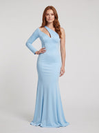 Sky Blue Matte Satin Trumpet One Shoulder Back Zip Floor-Length Dress with Single Sleeve - Curvevia