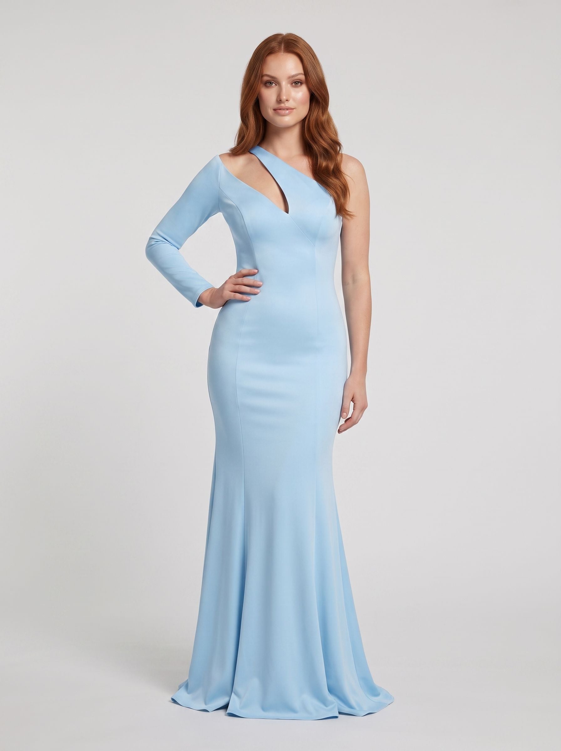 Sky Blue Matte Satin Trumpet One Shoulder Back Zip Floor-Length Dress with Single Sleeve - Curvevia