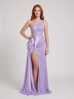 Lavender Satin Sheath One Shoulder Back Zip Floor-Length Dress with 3D Rosette and High Slit - Curvevia