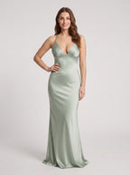 Mint Green Satin Mermaid V-Neck Backless Floor-Length Dress with Ruched Bodice - Curvevia