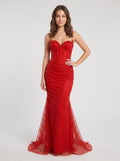Red Sequin Mesh Mermaid Sweetheart Lace-Up Back Floor Length Dress - Curvevia