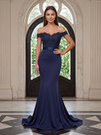 Navy Blue Matte Satin Mermaid Off-the-Shoulder Back Zip Floor-Length Dress with Sweep Train - Curvevia