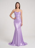 Lavender Satin Mermaid Cowl Neck Back Zip Floor-Length Dress with Draped Neckline - Curvevia