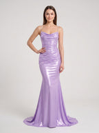 Lavender Satin Mermaid Cowl Neck Back Zip Floor-Length Dress with Draped Neckline - Curvevia