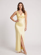 Daffodil Satin A-Line V-Neck Backless Floor-Length Dress with Side Slit - Curvevia