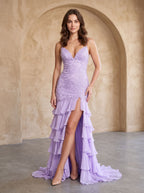 Lilac Chiffon Mermaid V-Neck Lace-up Floor-Length Dress with Cascading Ruffles - Curvevia