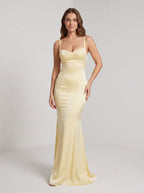 Daffodil Satin Mermaid Sweetheart Criss-Cross Straps Floor-Length Dress with Pleats - Curvevia