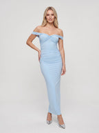 Sky Blue Satin Sheath Off-the-Shoulder Back Zip Ankle-Length Dress with Ruching - Curvevia