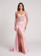 Petal Satin Mermaid Straight Neck Back Zip Floor-Length Dress with Beaded Slit - Curvevia