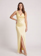 Daffodil Satin A-Line V-Neck Backless Floor-Length Dress with Side Slit - Curvevia