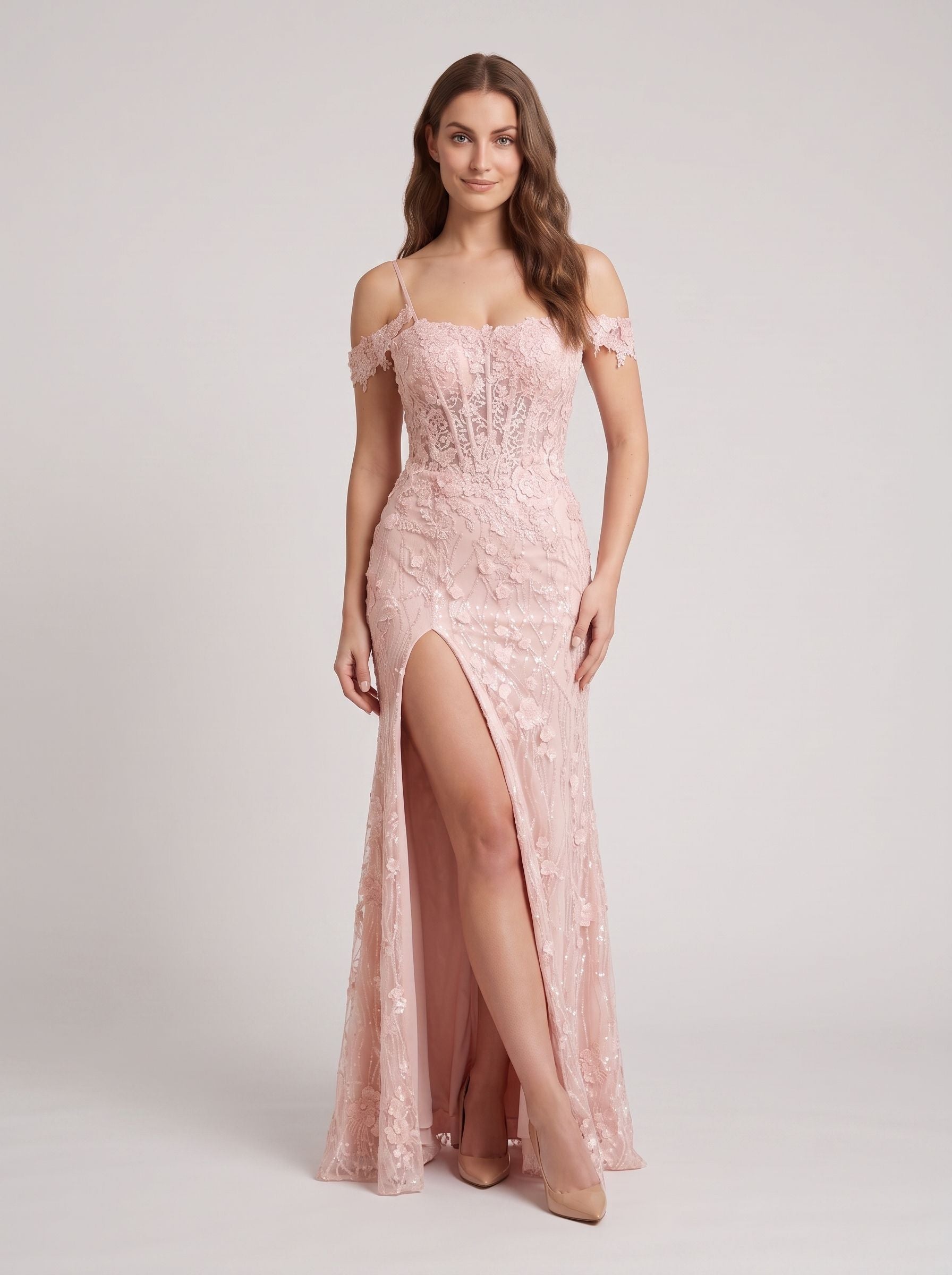 Blushing Pink Tulle Mermaid Off-the-Shoulder Back Zip Floor-Length Dress with Appliques - Curvevia