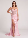 Petal Satin Mermaid Straight Neck Back Zip Floor-Length Dress with Beaded Slit - Curvevia