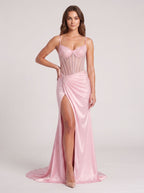 Petal Satin Mermaid Straight Neck Back Zip Floor-Length Dress with Beaded Slit - Curvevia