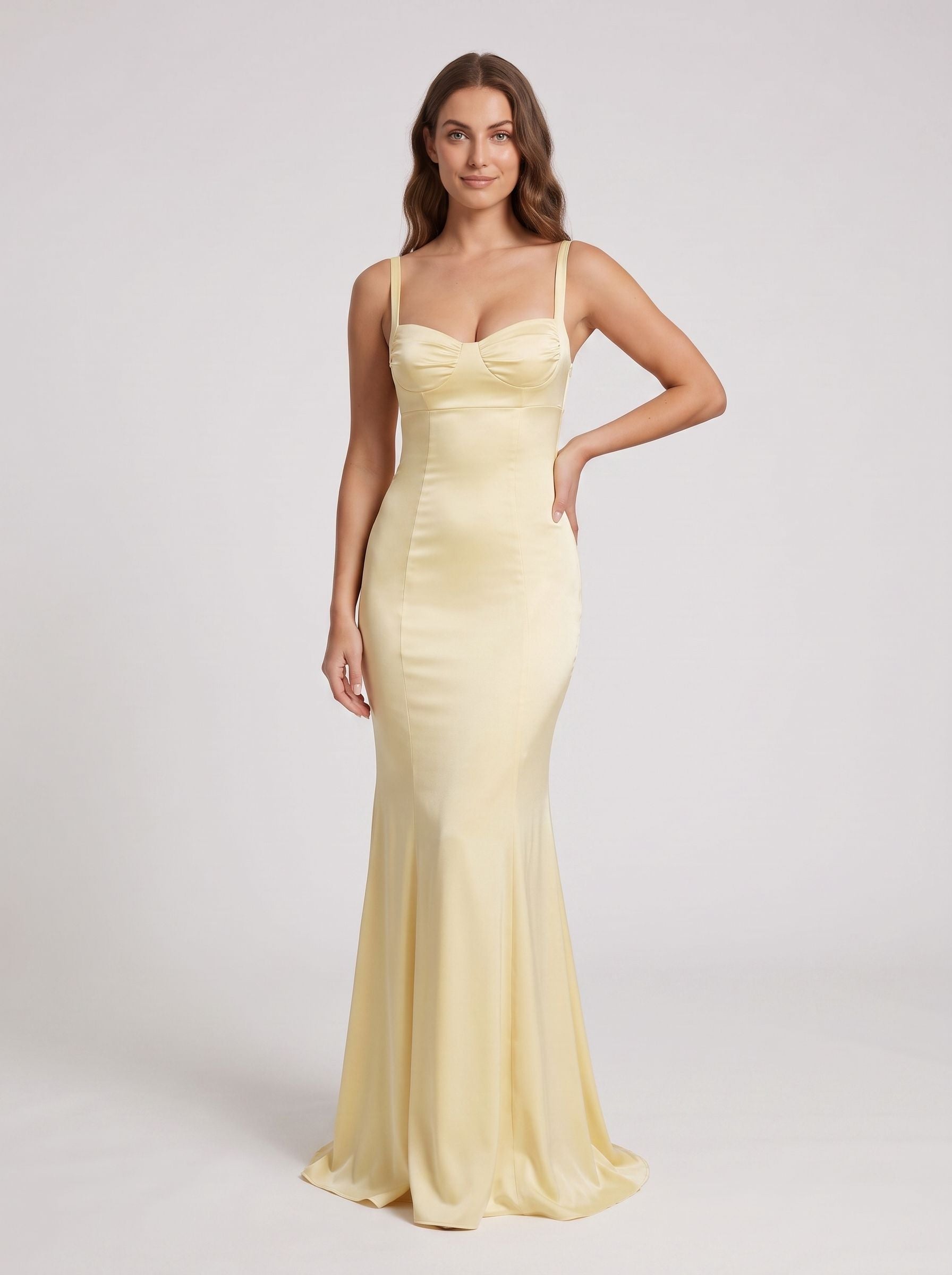 Daffodil Satin Mermaid Sweetheart Criss-Cross Straps Floor-Length Dress with Pleats - Curvevia