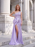 Lavender Satin Sheath One Shoulder Back Zip Floor-Length Dress with 3D Rosette and High Slit - Curvevia