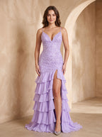 Lilac Chiffon Mermaid V-Neck Lace-up Floor-Length Dress with Cascading Ruffles - Curvevia