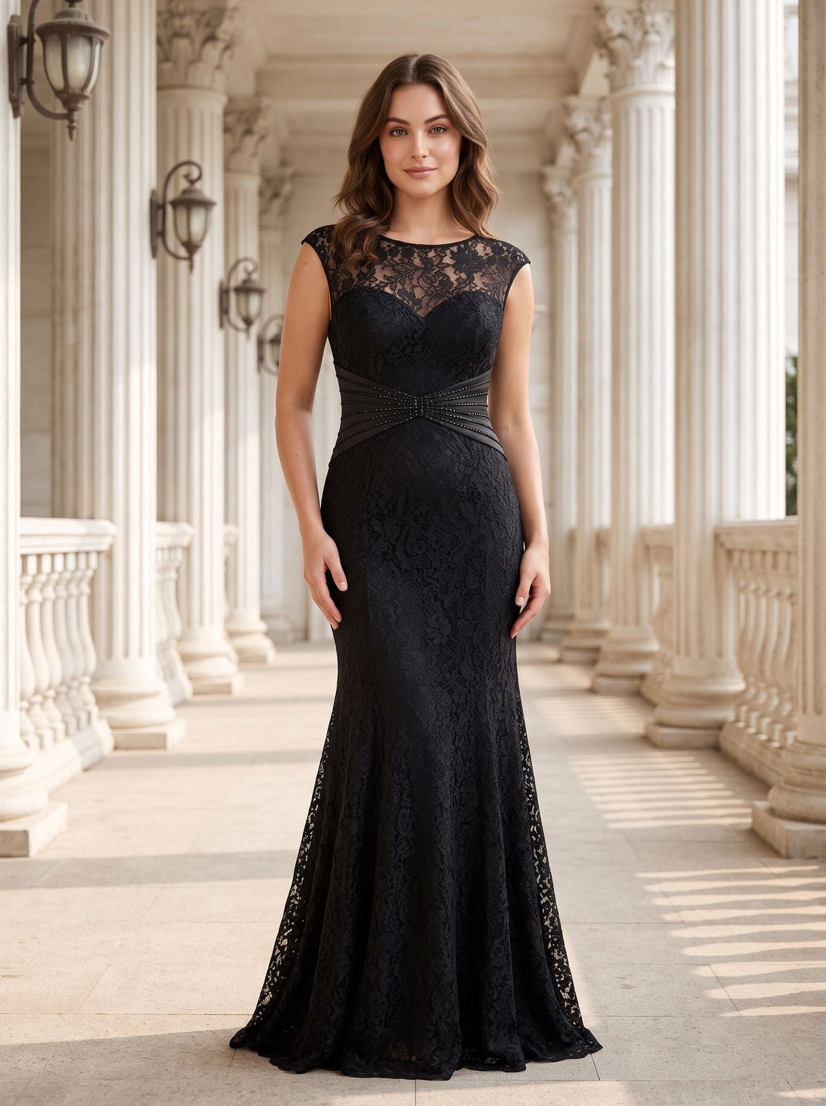Black Lace Mermaid Scoop Neck V-Back Floor-Length Dress with Beaded bodice & Cap sleeves - Curvevia