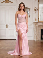 Petal Satin Mermaid Straight Neck Back Zip Floor-Length Dress with Beaded Slit - Curvevia