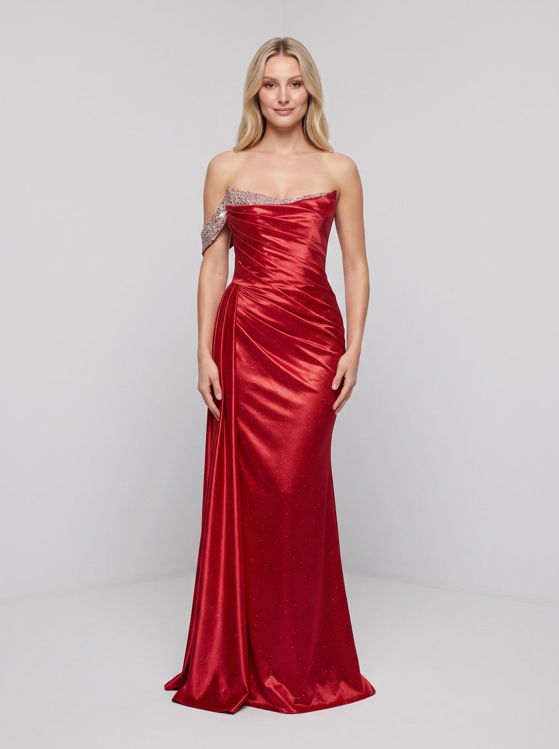 Red Glitter Trumpet One Shoulder Backless Floor-Length Dress with Beaded Draped Sleeve - Curvevia